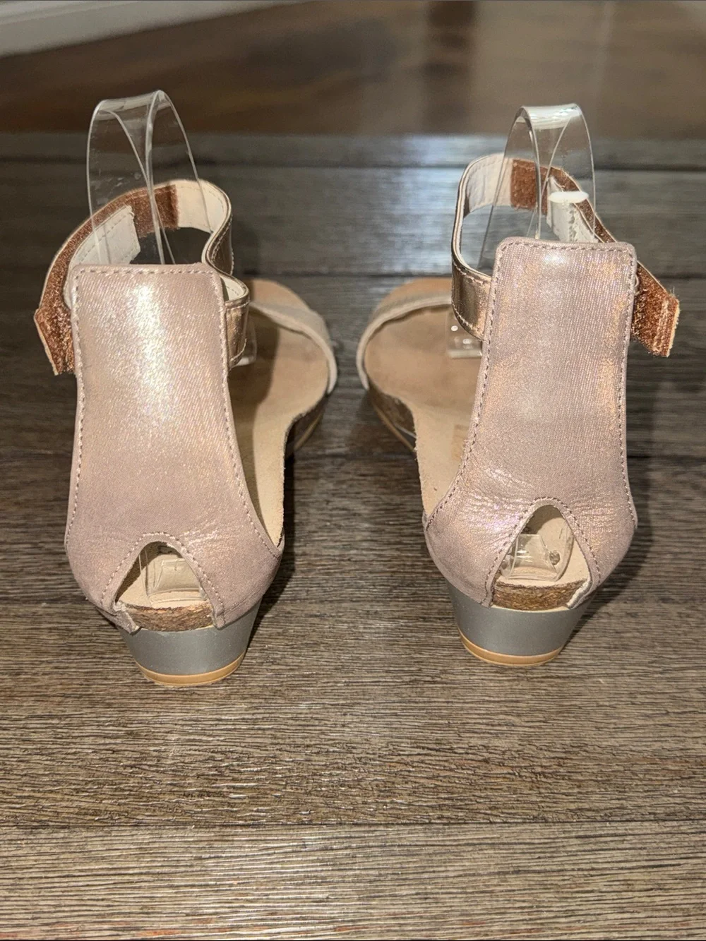 Naot Pixie Wedge Sandal Beige Lizard Silver Threads Rose Gold Leather